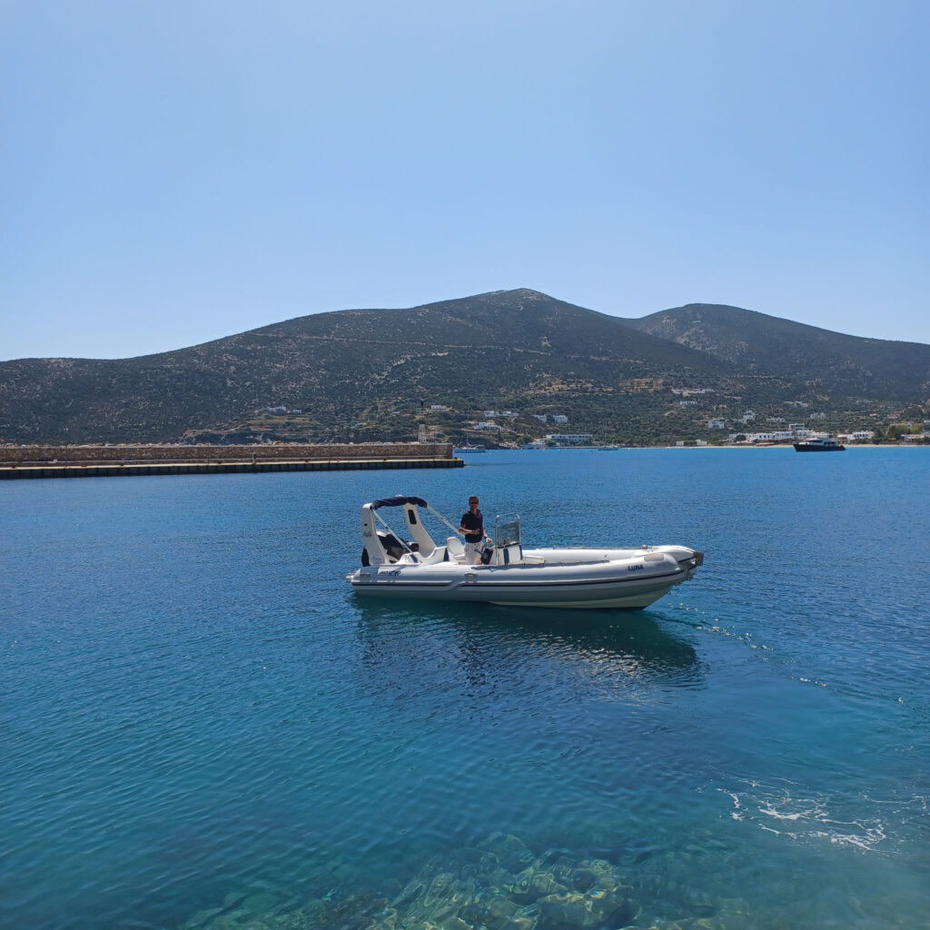 Side view of Luna RIB by A La Mer Milos, designed for easy handling and ideal for self-drive rentals.